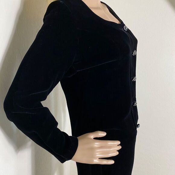 Black Velvet Vintage Dress 9 long sleeve above the knee w/rhinestones bu… - Picture 4 of 13